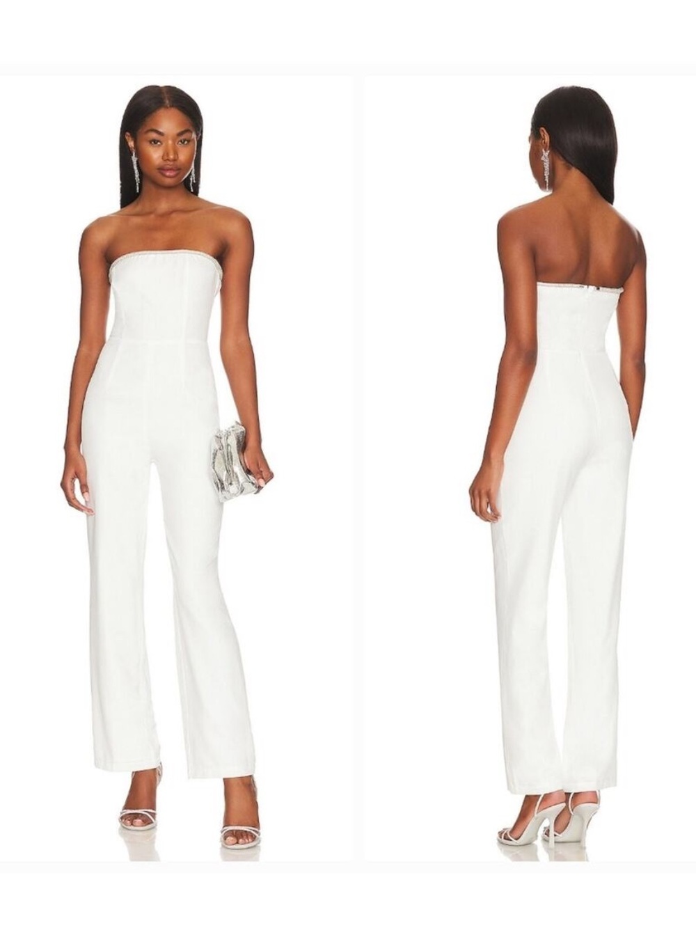 Superdown Keke Strapless Jumpsuit in Ivory Rhinestone Trim NWT